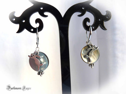 Freyja Earrings. Tibetan Silver Hares & Black Shell Full Moons. Easter Earrings. 925 Silver Option - Darkmoon Fayre