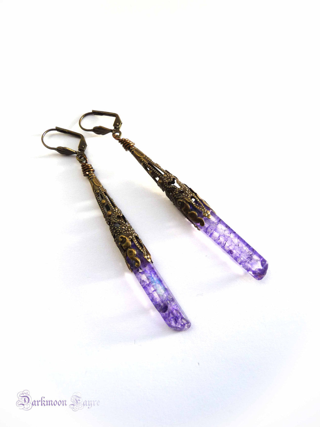 Dark Caster Crystal Wand Earrings. Mystic Purple Quartz Points. Shoulder Dusters. Antiqued Bronze Filigree. - Darkmoon Fayre