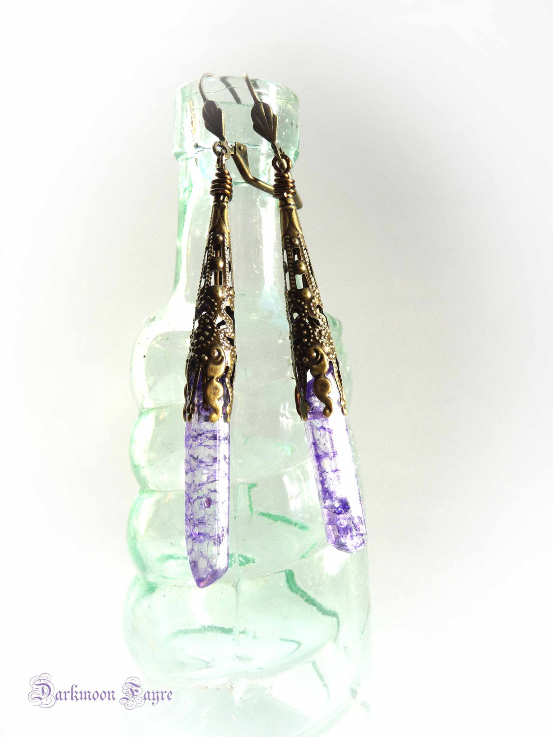 Dark Caster Crystal Wand Earrings. Mystic Purple Quartz Points. Shoulder Dusters. Antiqued Bronze Filigree. - Darkmoon Fayre