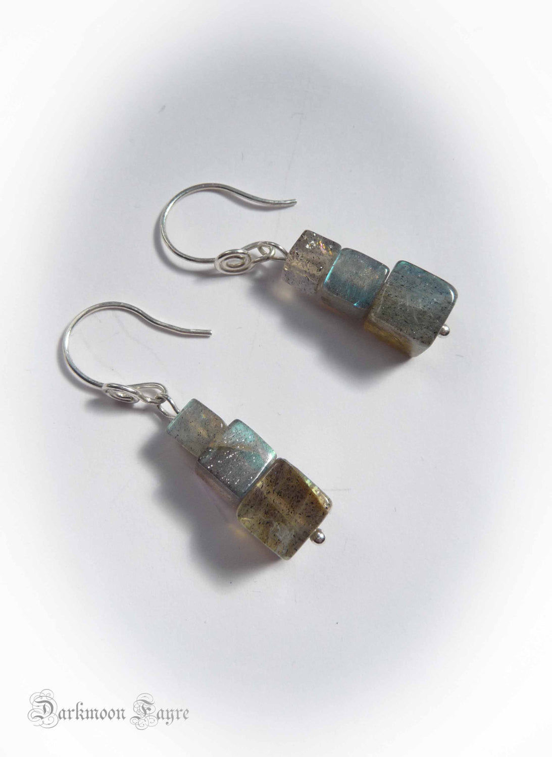Labradorite Cube Earrings. All 925 Sterling Silver. Hand Forged Spiral Ear-wires - Darkmoon Fayre