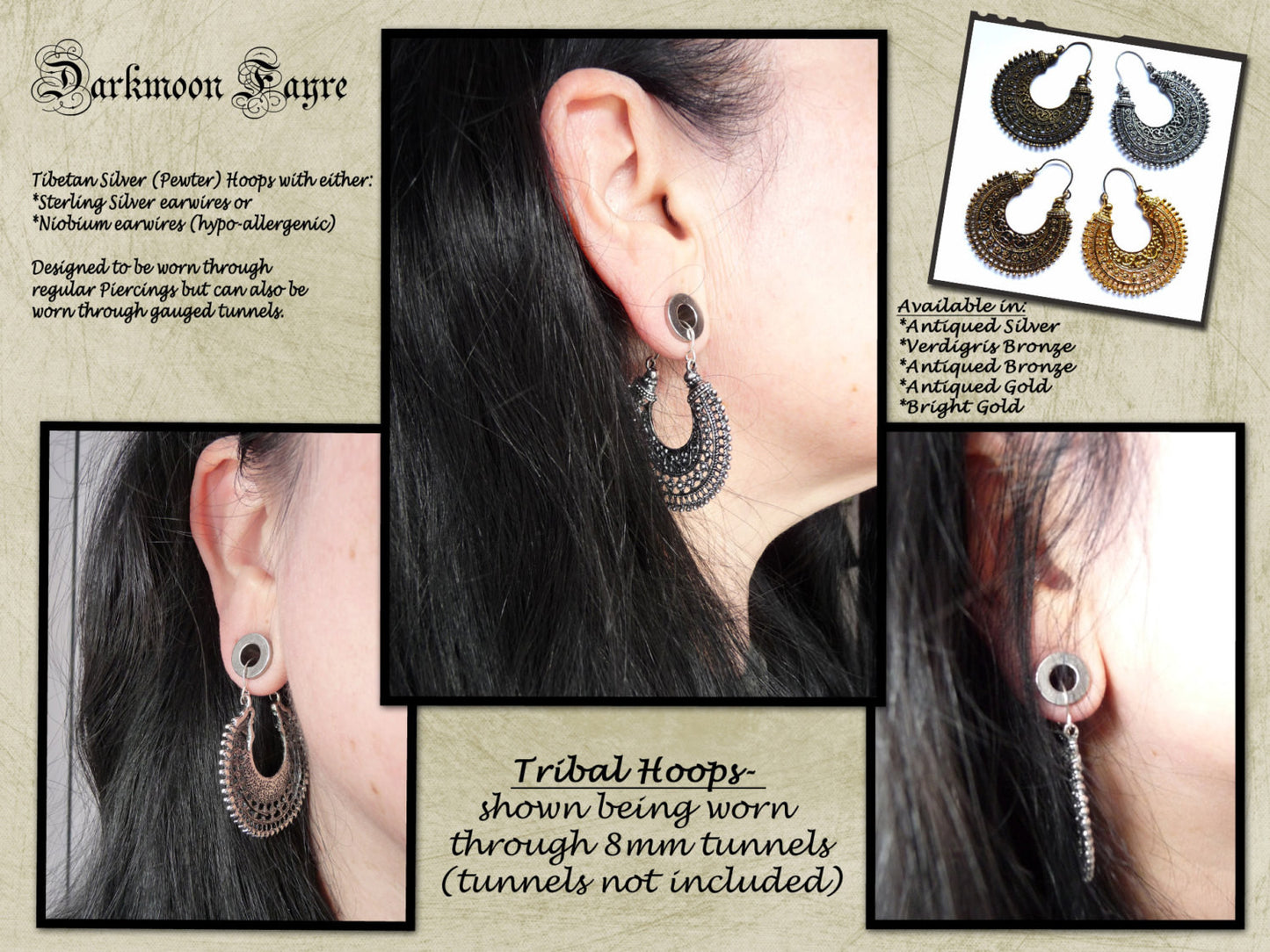 Tribal Gypsy Hoops in Antiqued Silver. 925 Sterling Silver Ear-wire. Cast Tibetan Silver/Pewter Hoop - Darkmoon Fayre