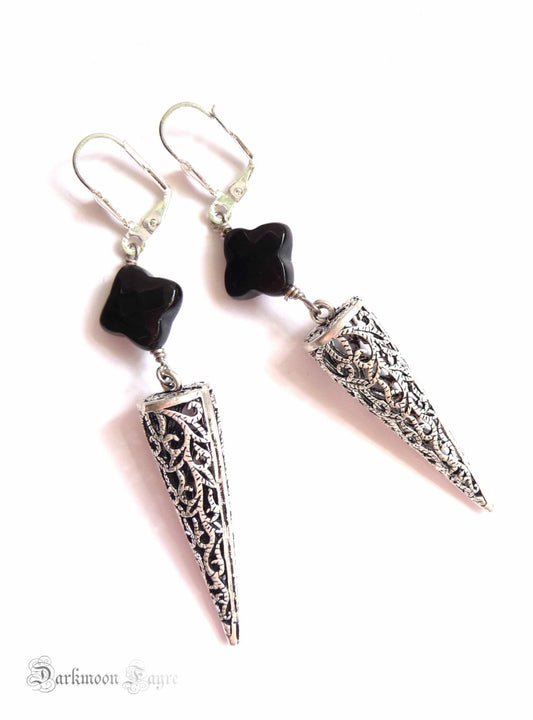 Dragon Glass Earrings. Silver Filigree Pendulum. Black Obsidian. 925 Silver Ear-wire Option - Darkmoon Fayre