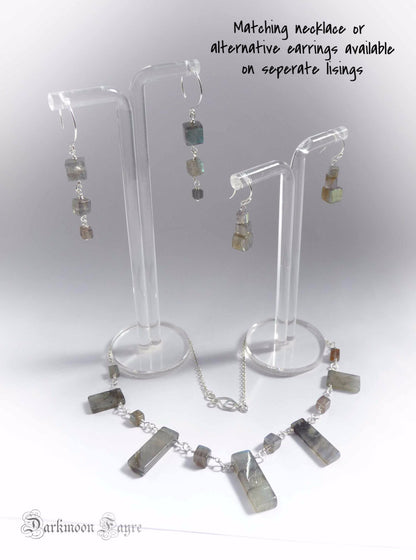 Labradorite Cube Earrings. All 925 Sterling Silver. Hand Forged Spiral Ear-wires - Darkmoon Fayre