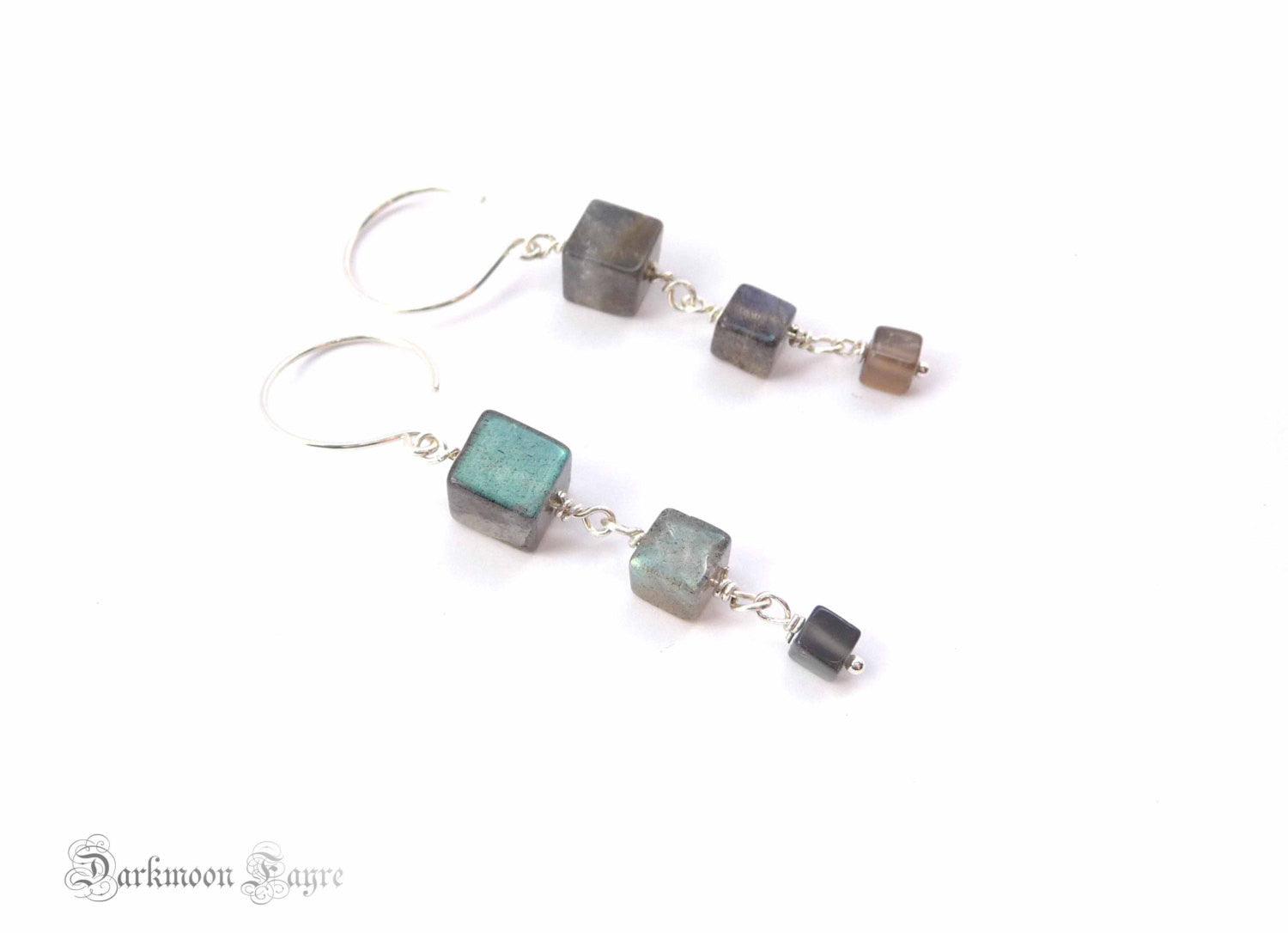 Labradorite Cube Earrings. All Sterling Silver Hand Forged Hoop Ear-wires & Rosary Wrapped Loops. Labradorite Irregular Cube Beads. - Darkmoon Fayre