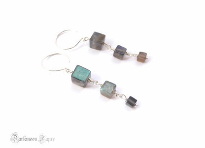Labradorite Cube Earrings. All Sterling Silver Hand Forged Hoop Ear-wires & Rosary Wrapped Loops. Labradorite Irregular Cube Beads. - Darkmoon Fayre