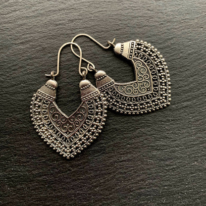 Tribal Heart Hoops. 925 Sterling Silver Ear-wire. Antique Silver Plated Cast Tibetan Silver/Pewter Hoops. Gypsy Earrings - Darkmoon Fayre