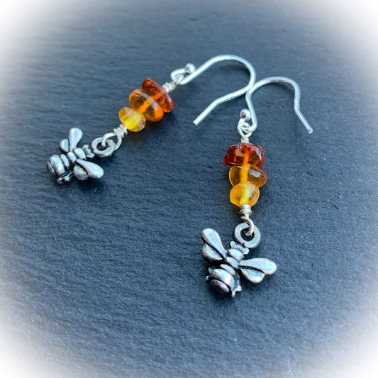 Beyla Bee Earrings With Baltic Amber "Honey Drops". 3D Pewter Bee With 925 Sterling Silver Ear-wires - Darkmoon Fayre