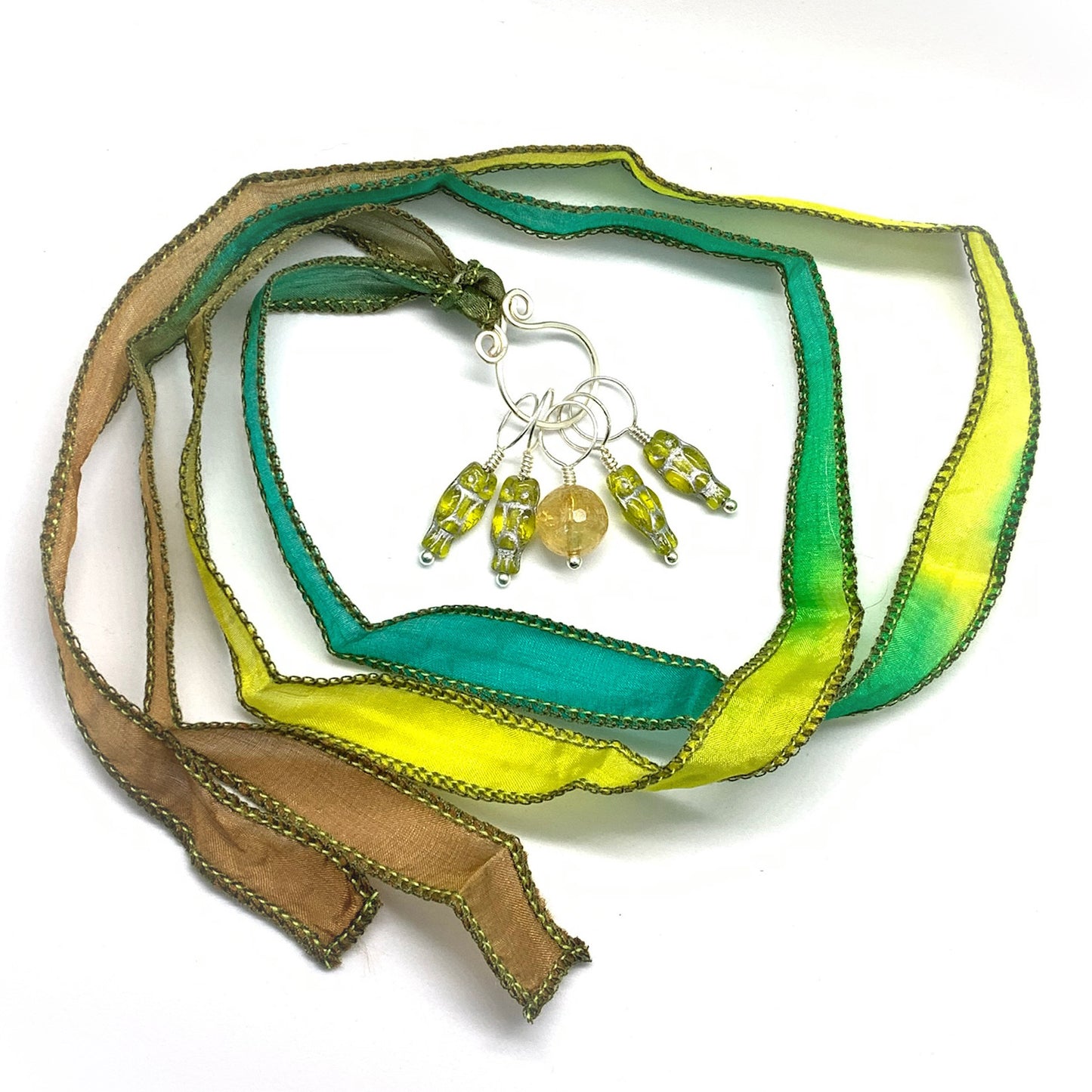 Citrine & Glass Owls Knitting Stitch Marker Necklace on Hand Dyed Habotai Silk Ribbon - Darkmoon Fayre