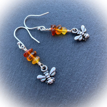 Beyla Bee Earrings With Baltic Amber "Honey Drops". 3D Pewter Bee With 925 Sterling Silver Ear-wires - Darkmoon Fayre