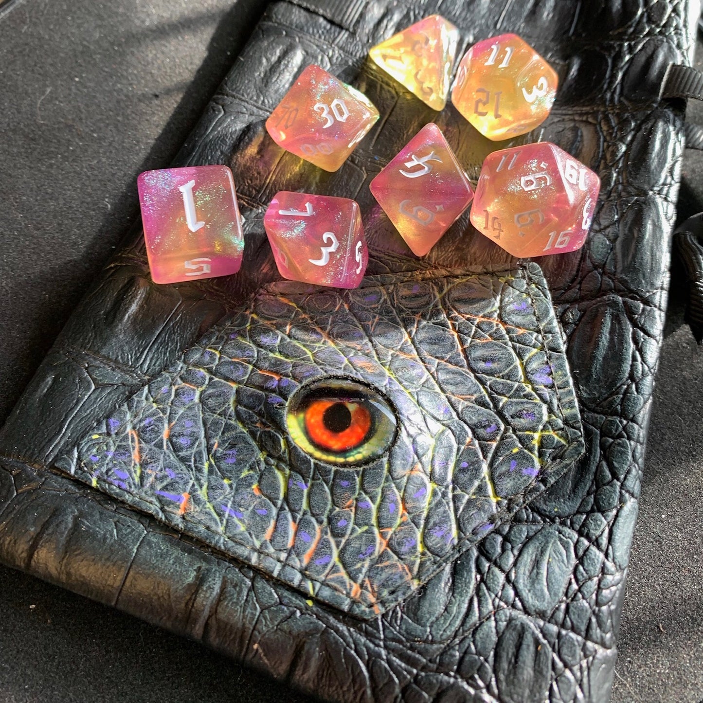 Aurora Lemon Pink DnD 7 Dice Set And Hand Painted Dragon Eye Pouch Set In Vegan Leather - Darkmoon Fayre