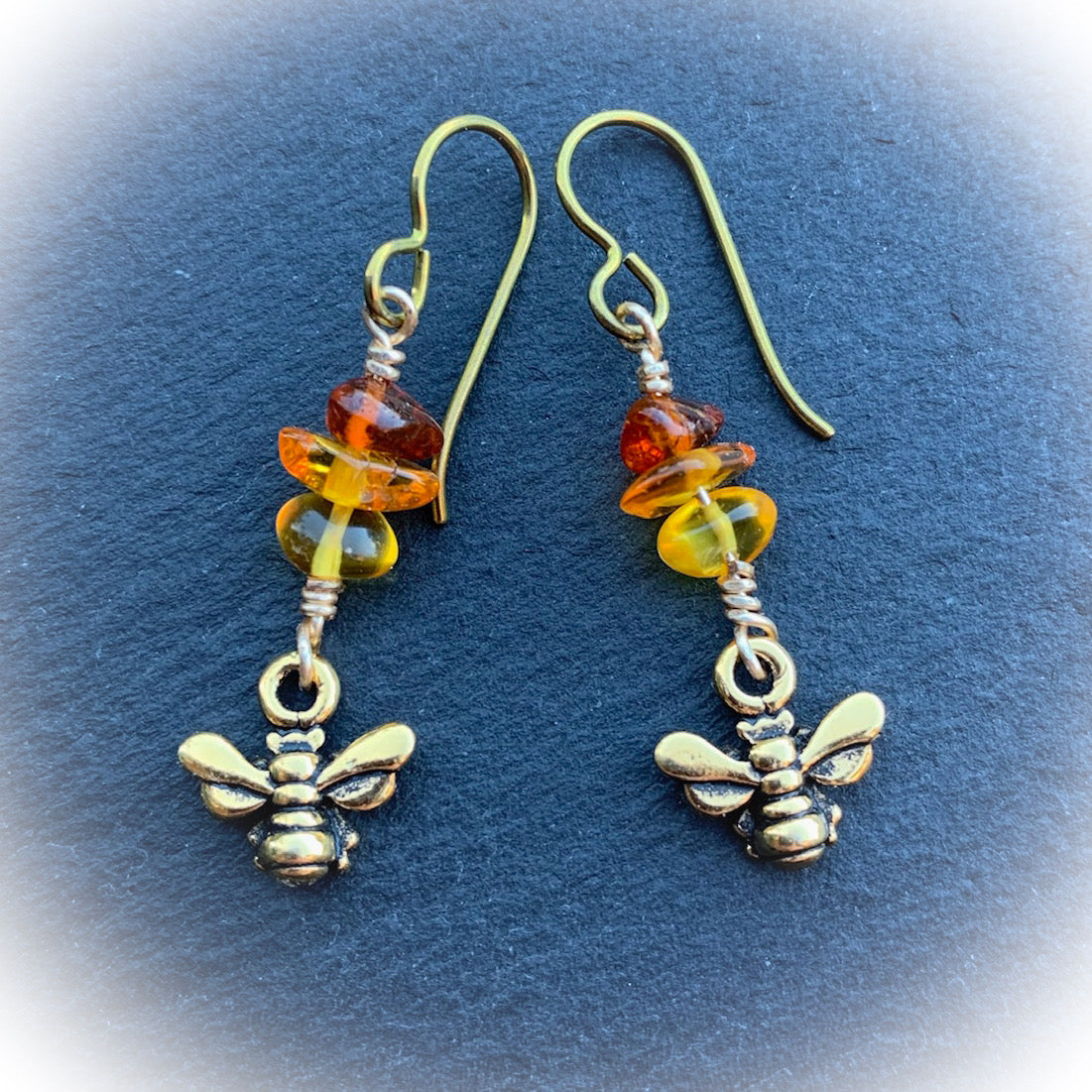 Beyla Bee Earrings With Baltic Amber "Honey Drops". Gold Plated 3D Pewter Bee With With Niobium Ear-wires - Darkmoon Fayre