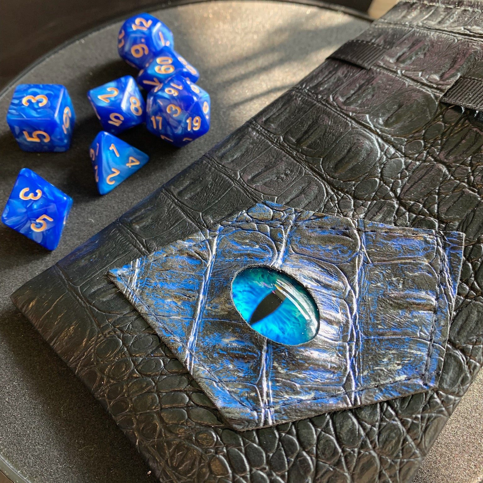Cobalt Blue Pearl DnD 7 Dice Set And Hand Painted Dragon Eye Pouch Set In Vegan Leather - Darkmoon Fayre