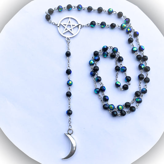 Peacock Aurora Borealis Black Glass Witchy Gothic Long Rosary Necklace With Silver Pentacle And Crescent Moon - Darkmoon Fayre