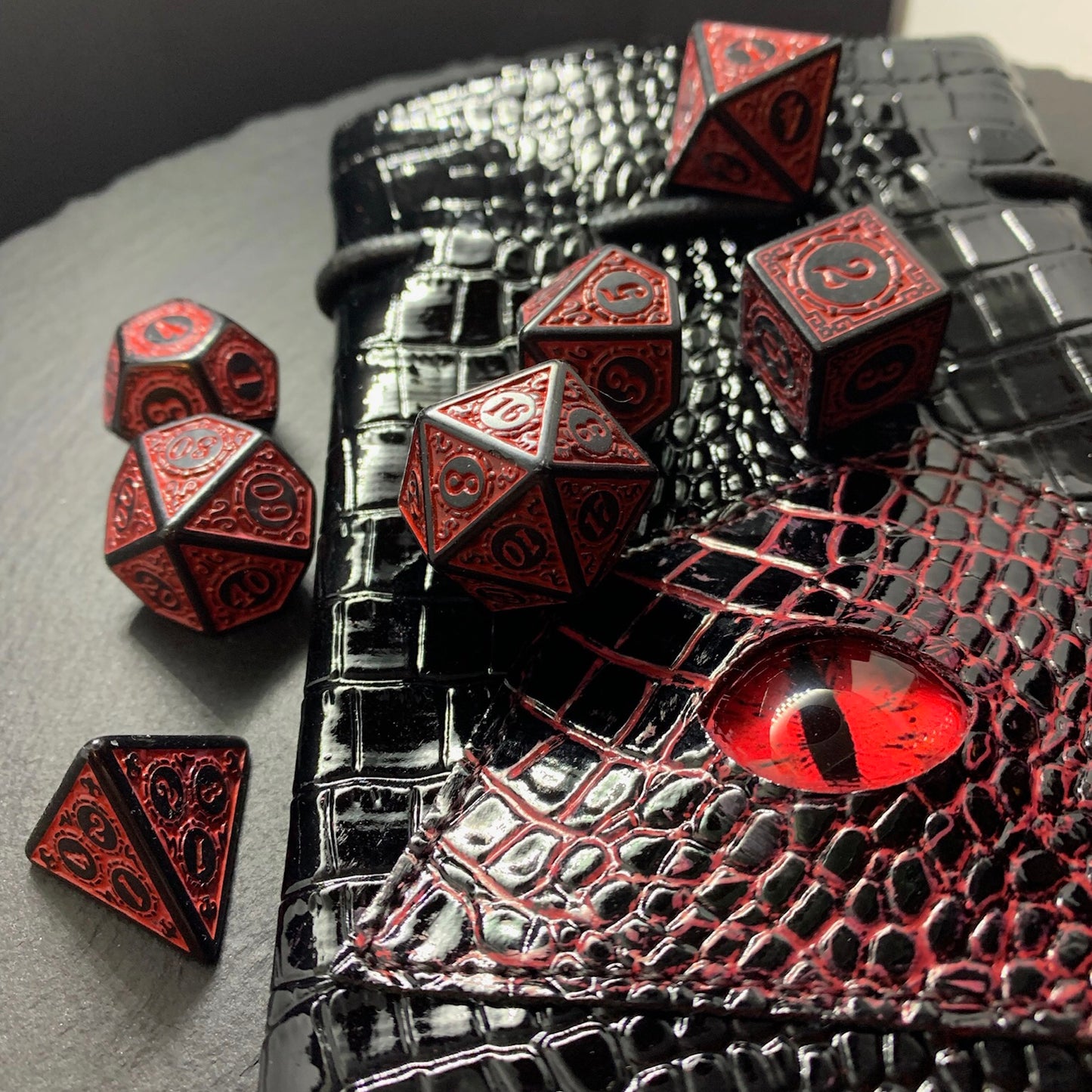 Red And Black Evocation  DnD 7 Dice Set And Hand Painted Dragon Eye Pouch Set In Vegan Patent Leather - Darkmoon Fayre