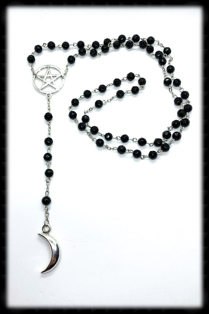 Witchy Gothic Long Rosary Necklace. Long Faceted Black Glass with Silver Pentacle and Crescent Moon - Darkmoon Fayre