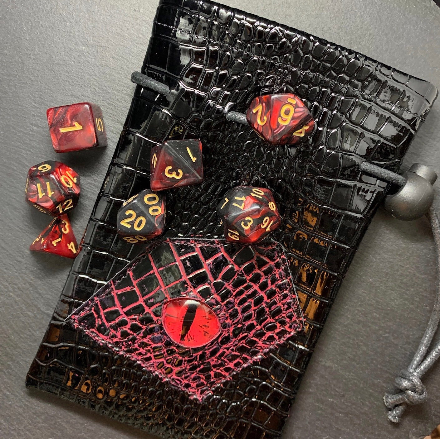 Red And Black Pearlescent DnD 7 Dice Set And Hand Painted Dragon Eye Pouch Set In Vegan Patent Leather - Darkmoon Fayre