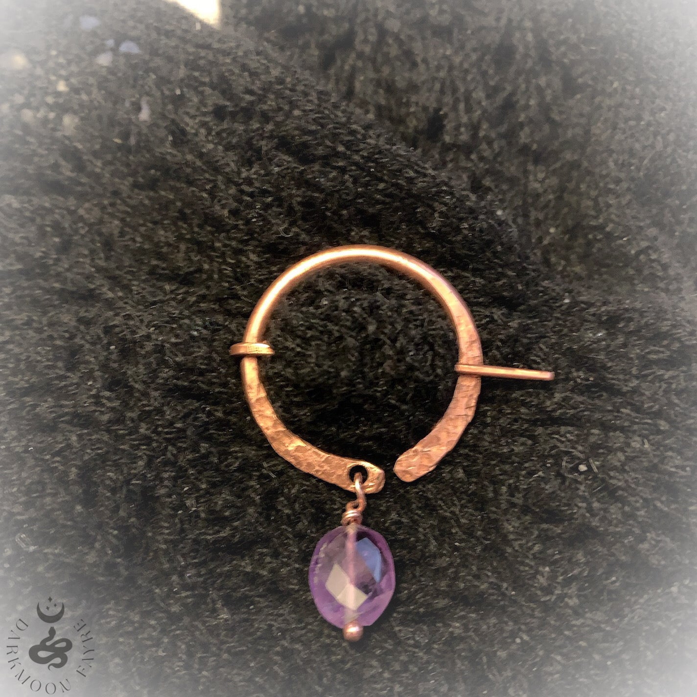 Iron Age Small Penannular Brooch In Bare Copper With An Amethyst Dangle Designed For Knitwear - Darkmoon Fayre