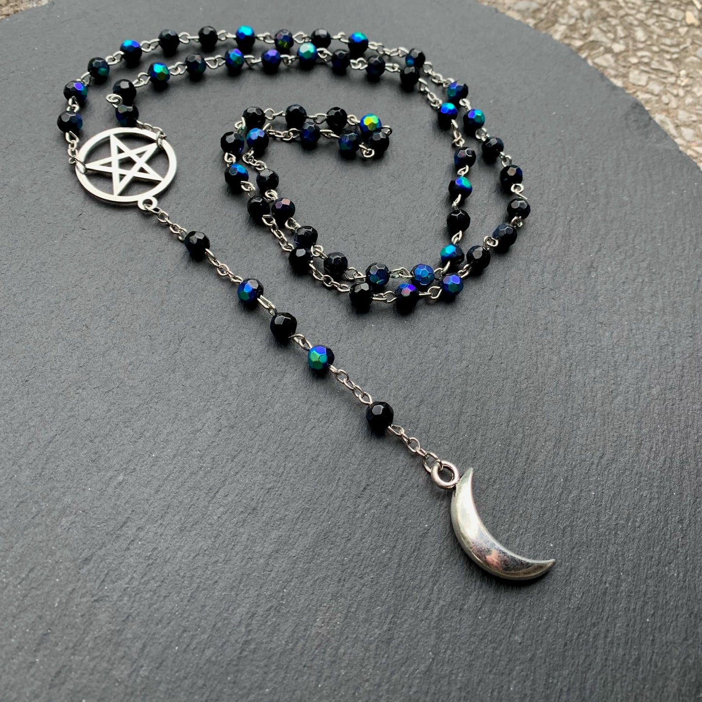 Peacock Aurora Borealis Black Glass Witchy Gothic Long Rosary Necklace With Silver Pentacle And Crescent Moon - Darkmoon Fayre