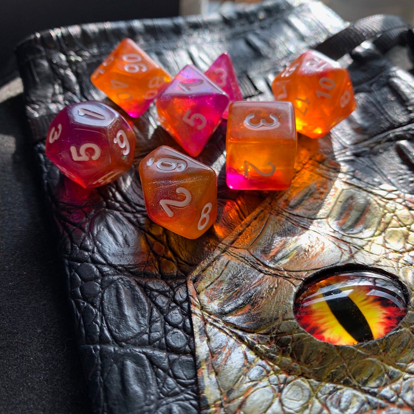 Golden Fire Dragon DnD 7 Dice Set And Hand Painted Dragon Eye Pouch Set In Vegan Leather - Darkmoon Fayre