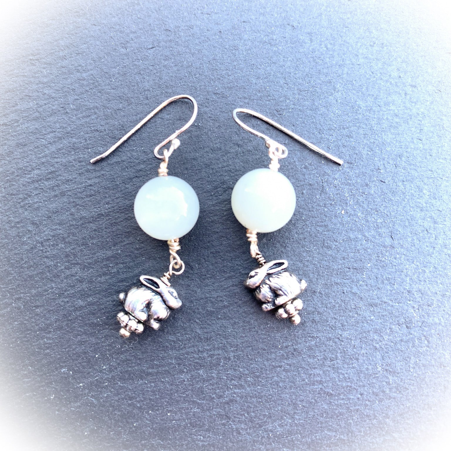 Lunar Rabbit Earrings With Grey Moonstone And Pewter Rabbits/Hares With 925 Sterling Silver Ear-wires - Darkmoon Fayre