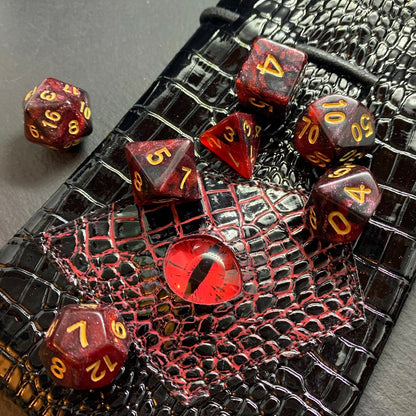 Red And Black Galaxy DnD 7 Dice Set And Hand Painted Dragon Eye Pouch Set In Vegan Patent Leather - Darkmoon Fayre