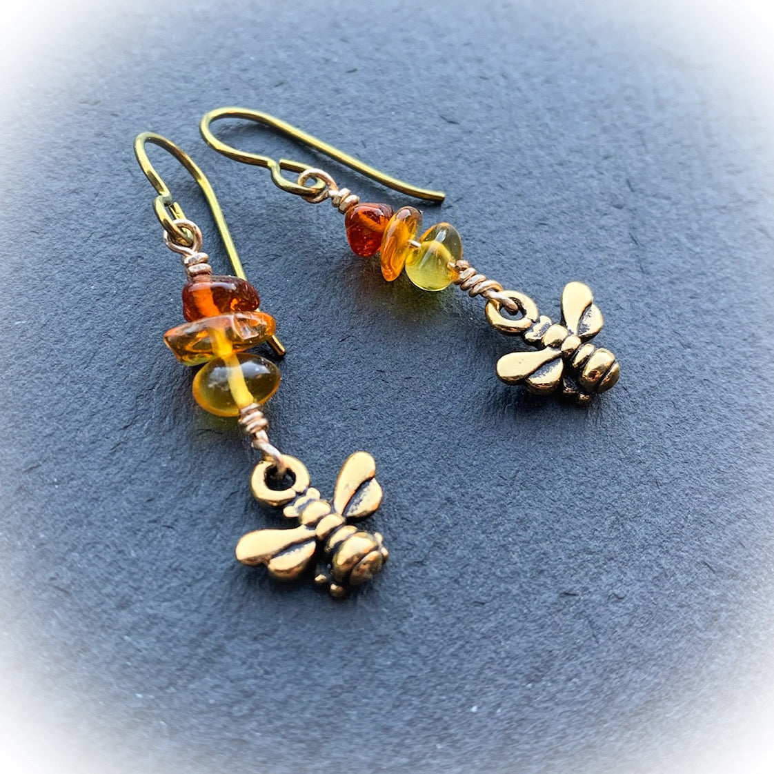 Beyla Bee Earrings With Baltic Amber "Honey Drops". Gold Plated 3D Pewter Bee With With Niobium Ear-wires - Darkmoon Fayre