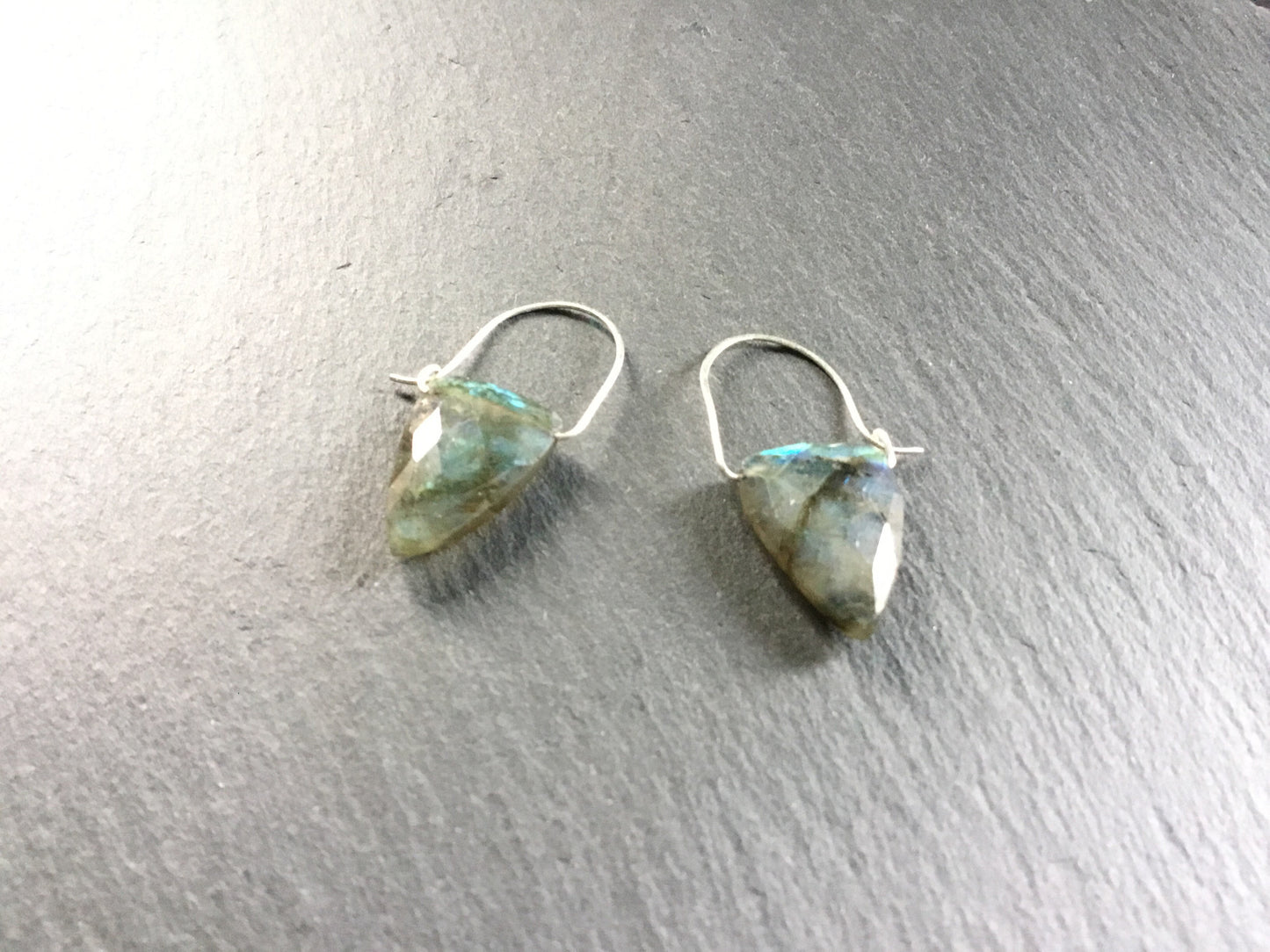 ***Labradorite "Tooth" Earrings. All Sterling Silver Hand Forged Hoop Ear-wires. Labradorite Irregular Faceted Triangles. - Darkmoon Fayre
