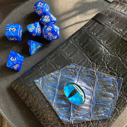 Cobalt Blue Pearl DnD 7 Dice Set And Hand Painted Dragon Eye Pouch Set In Vegan Leather - Darkmoon Fayre