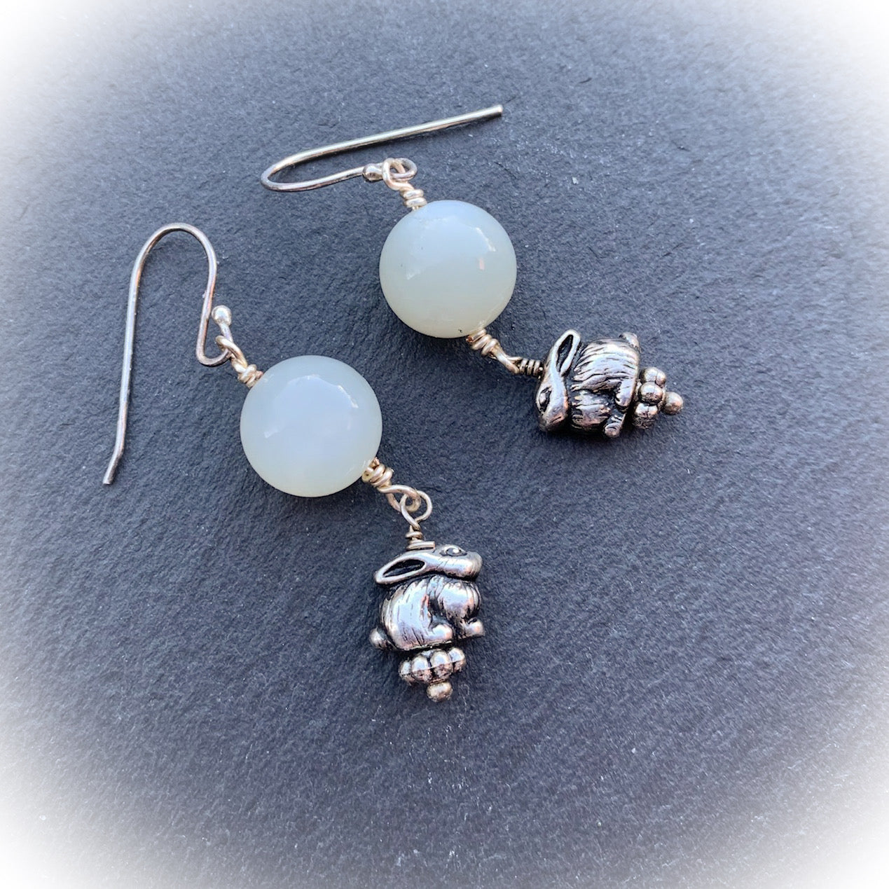 Lunar Rabbit Earrings With Grey Moonstone And Pewter Rabbits/Hares With 925 Sterling Silver Ear-wires - Darkmoon Fayre