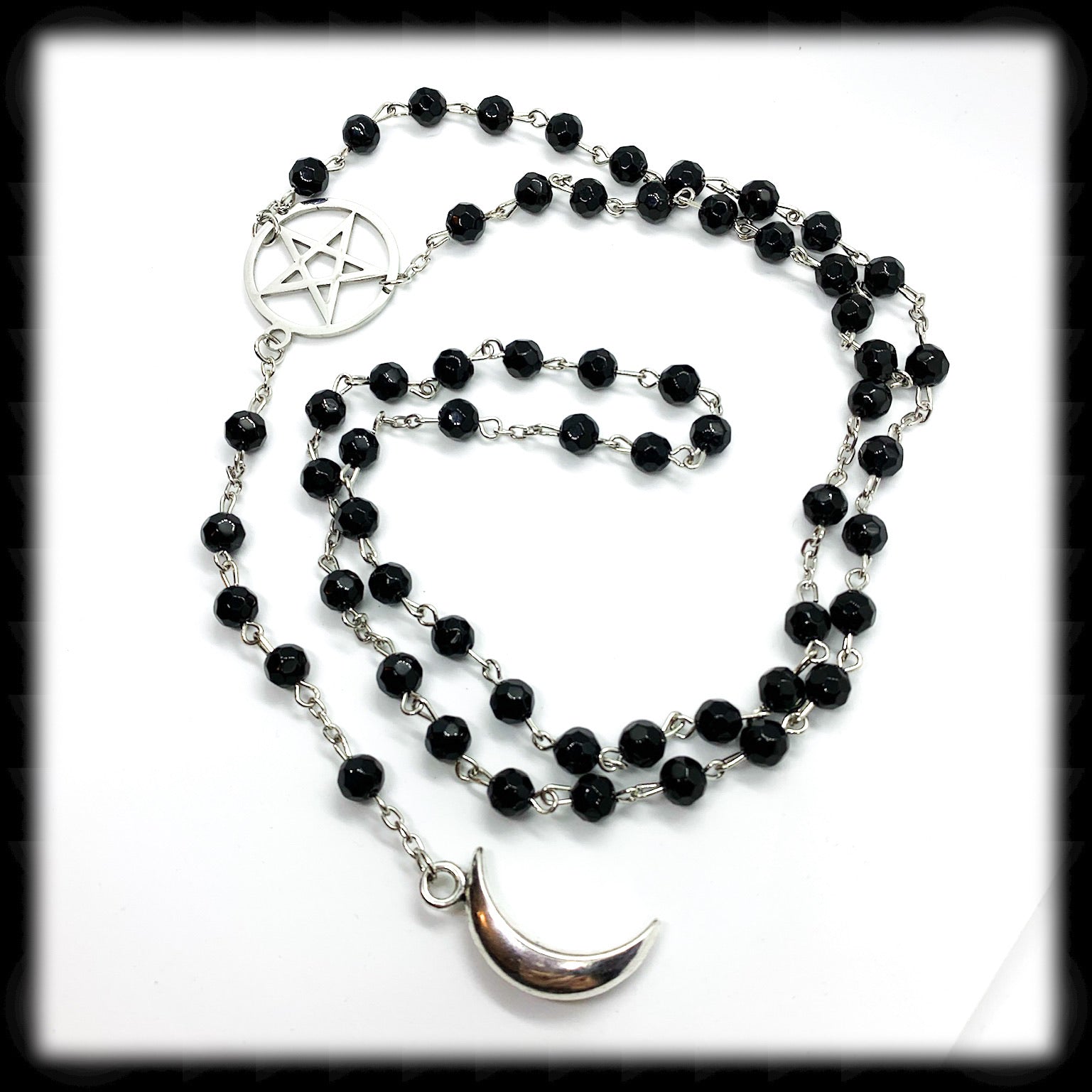 Witchy Gothic Long Rosary Necklace. Long Faceted Black Glass with Silver Pentacle and Crescent Moon - Darkmoon Fayre