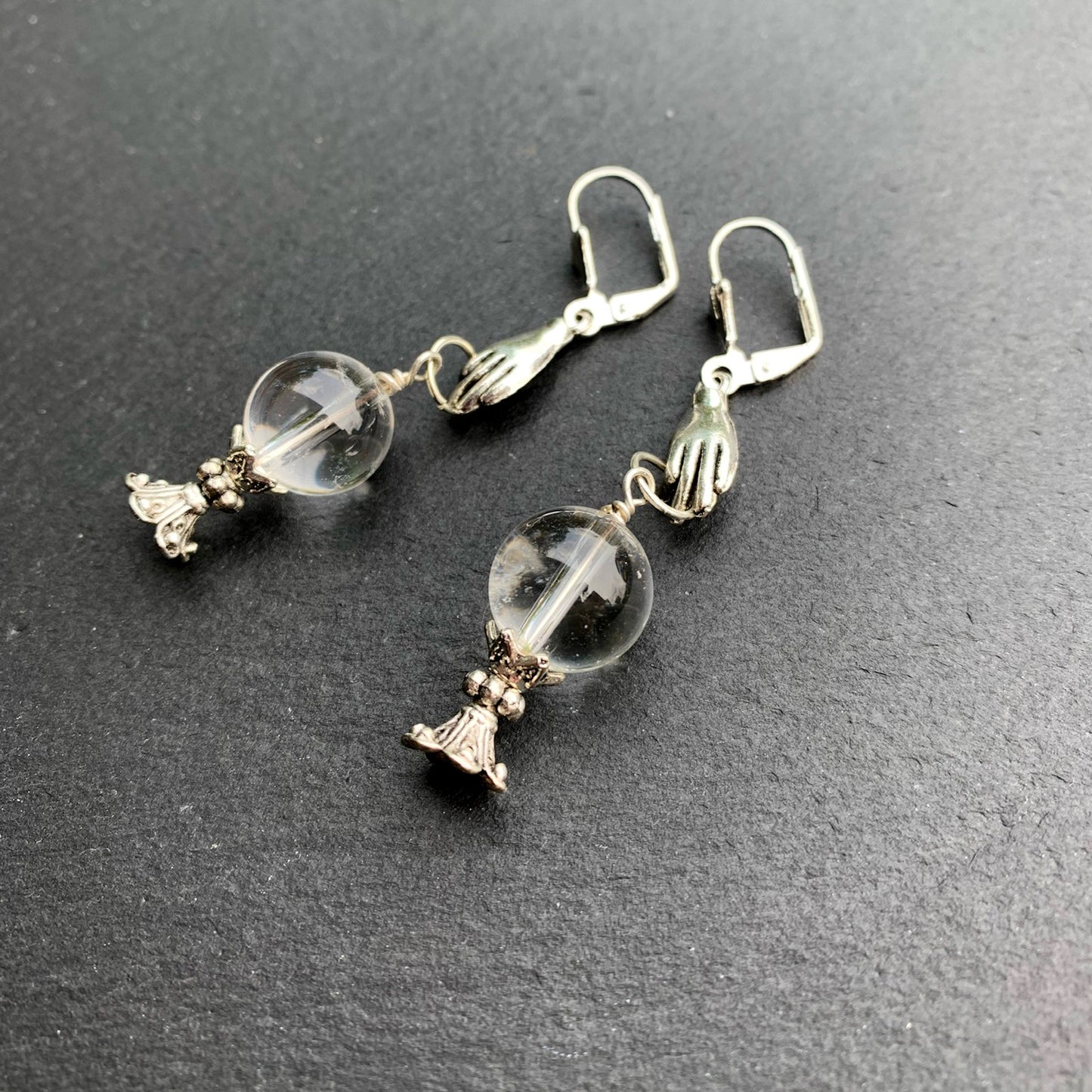 Fortune Teller Earrings With Clear Quartz Crystal Balls And Cast Pewter Hand. 925 Silver + Titanium Ear-wire Options - Darkmoon Fayre