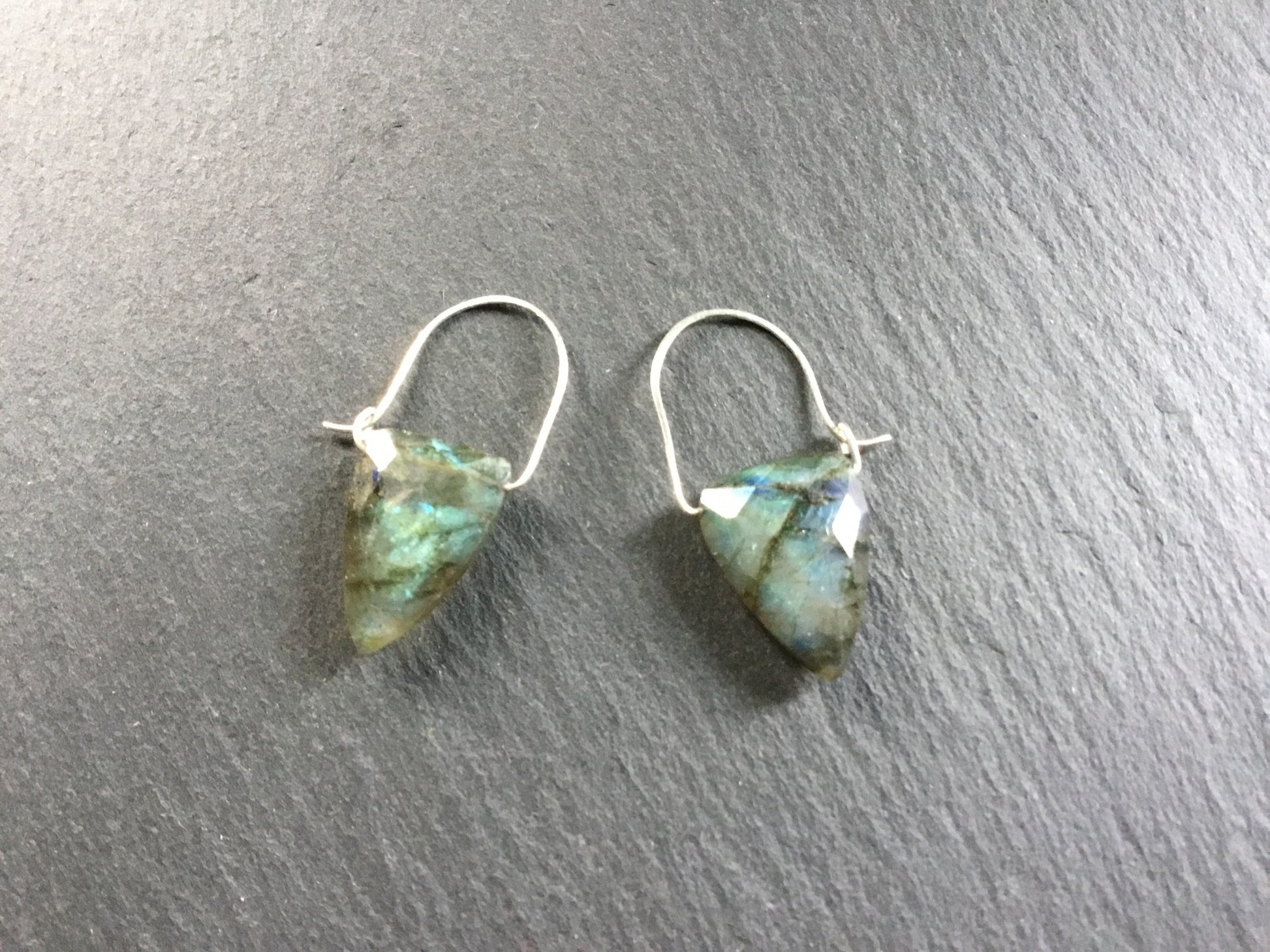 ***Labradorite "Tooth" Earrings. All Sterling Silver Hand Forged Hoop Ear-wires. Labradorite Irregular Faceted Triangles. - Darkmoon Fayre
