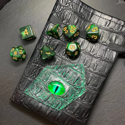 Green Conjuration DnD 7 Dice Set And Hand Painted Dragon Eye Pouch Set In Vegan Leather - Darkmoon Fayre