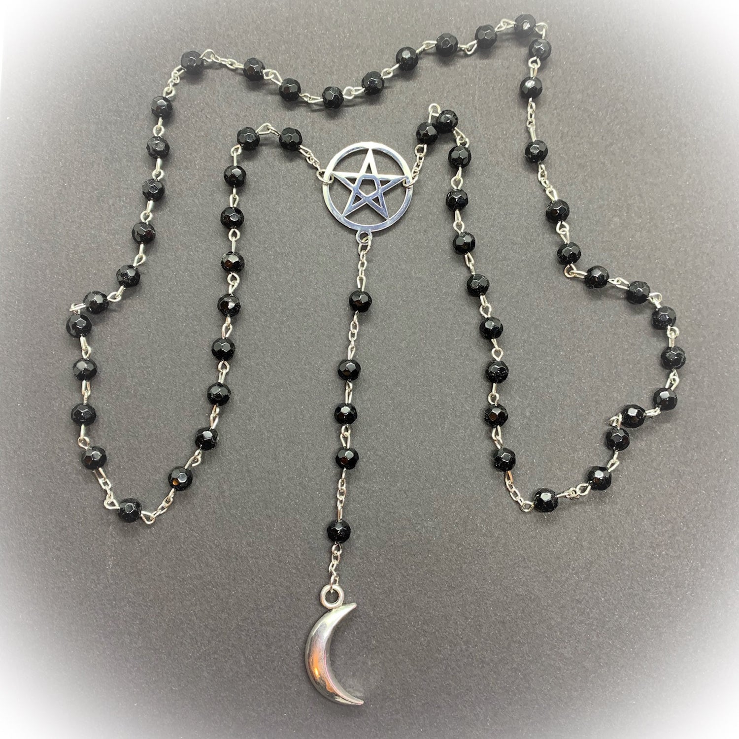 Witchy Gothic Long Rosary Necklace. Long Faceted Black Glass with Silver Pentacle and Crescent Moon - Darkmoon Fayre