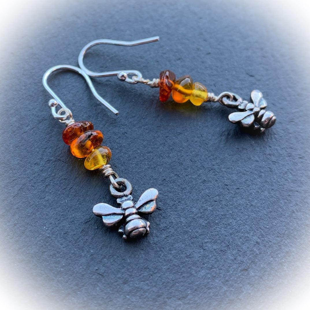 Beyla Bee Earrings With Baltic Amber "Honey Drops". 3D Pewter Bee With 925 Sterling Silver Ear-wires - Darkmoon Fayre