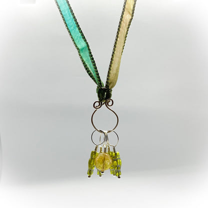 Citrine & Glass Owls Knitting Stitch Marker Necklace on Hand Dyed Habotai Silk Ribbon - Darkmoon Fayre