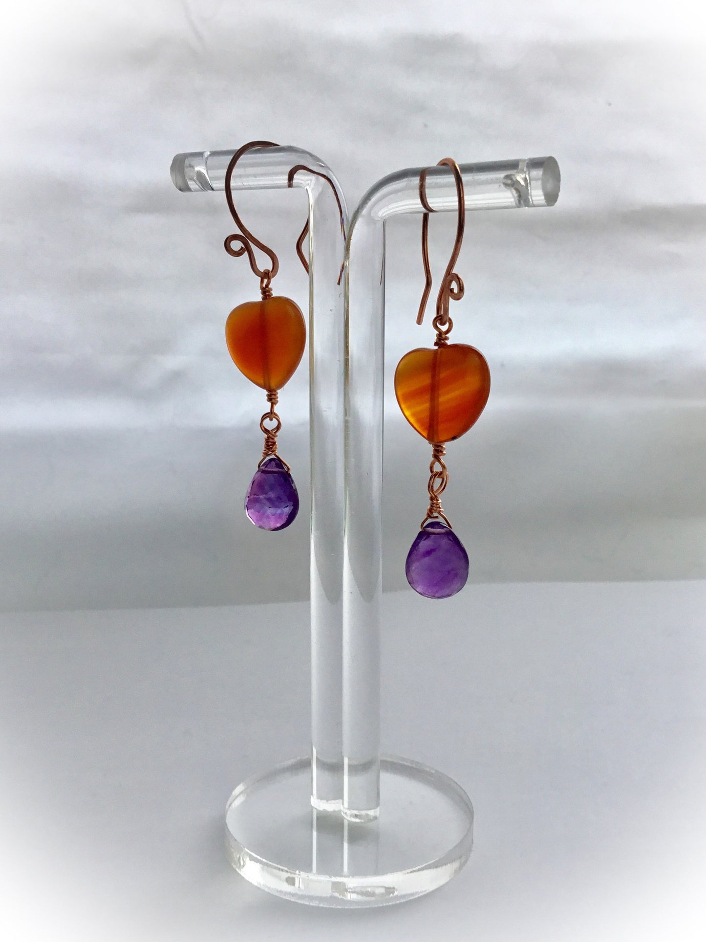 Carnelian Heart and Amethyst Drop Earrings.  Rose Gold Plated Hand Forged Ear-wires. - Darkmoon Fayre