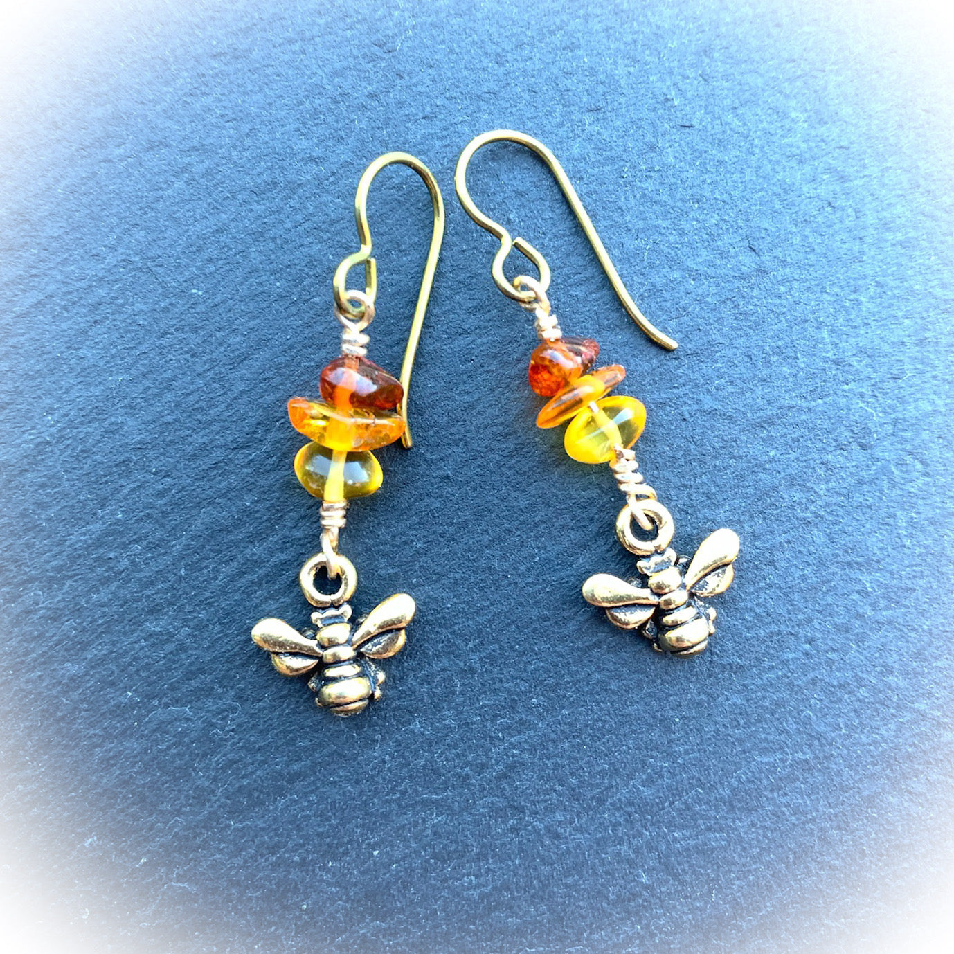 Beyla Bee Earrings With Baltic Amber "Honey Drops". Gold Plated 3D Pewter Bee With With Niobium Ear-wires - Darkmoon Fayre