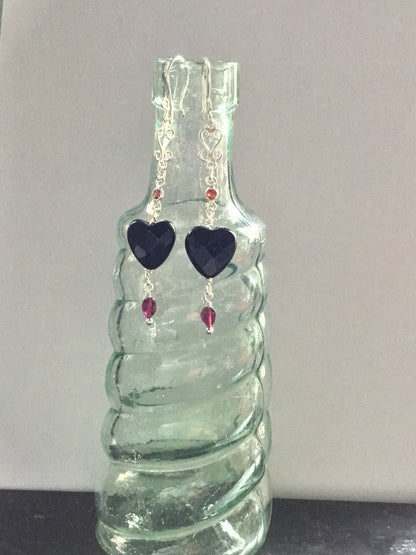Black Onyx & Garnet Drop Heart Earrings. All 925 Sterling Silver. “Bloody Valentine Collection” - Darkmoon Fayre