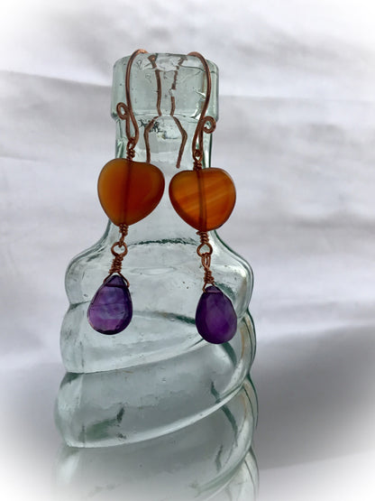Carnelian Heart and Amethyst Drop Earrings.  Rose Gold Plated Hand Forged Ear-wires. - Darkmoon Fayre
